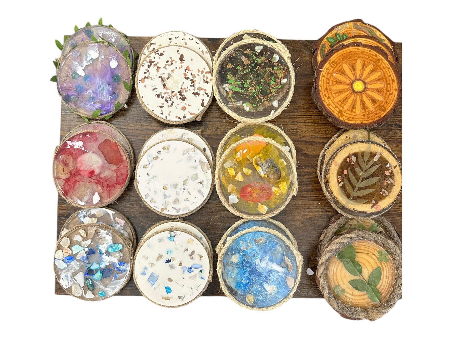 Resin Coasters - Nature inspired designs - Vibrant Designs - Customizable - Wood, Acrylic, Ceramic - Sets of 2 or 4 with Holder